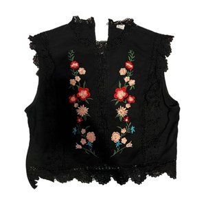 Floerns Women's Mock Neck Guipure Lace Trim Embroidery Blouse Tops Black L
